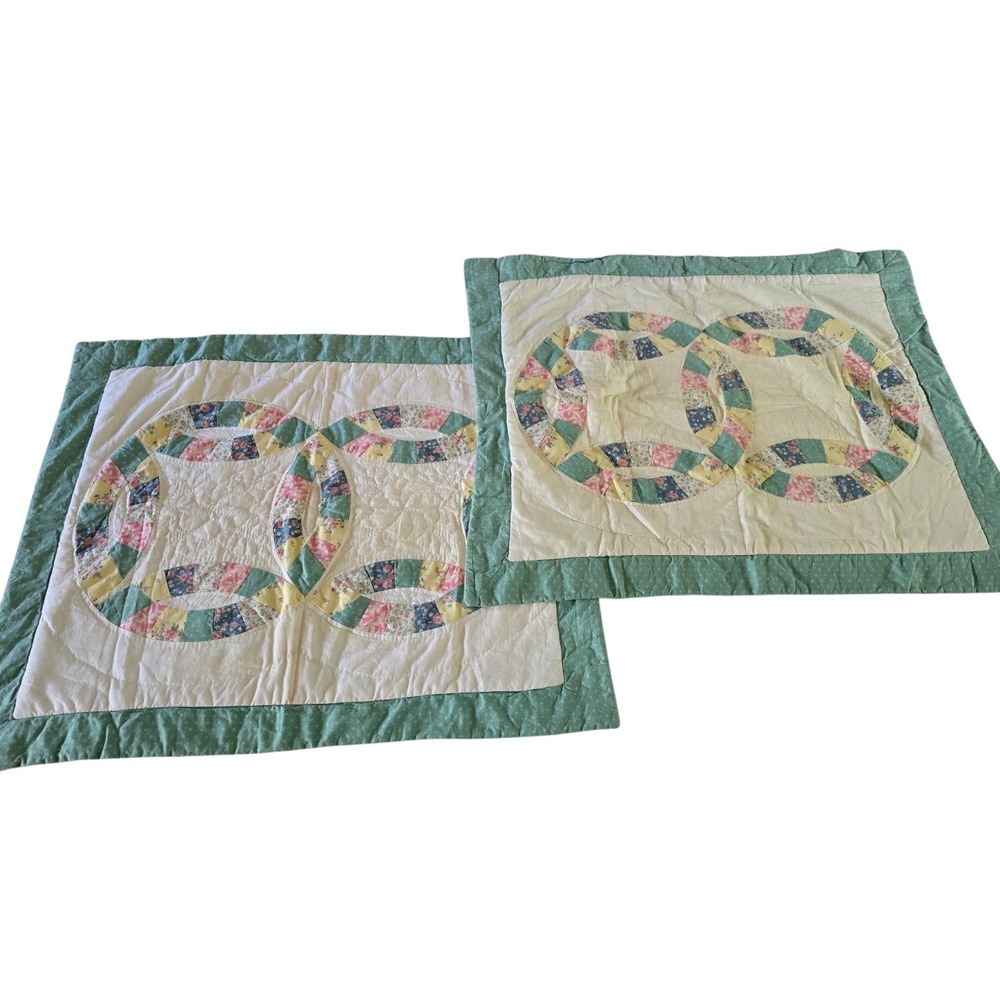 Pair Of Vintage Quilted Pillowcase Covers Handmade White Green